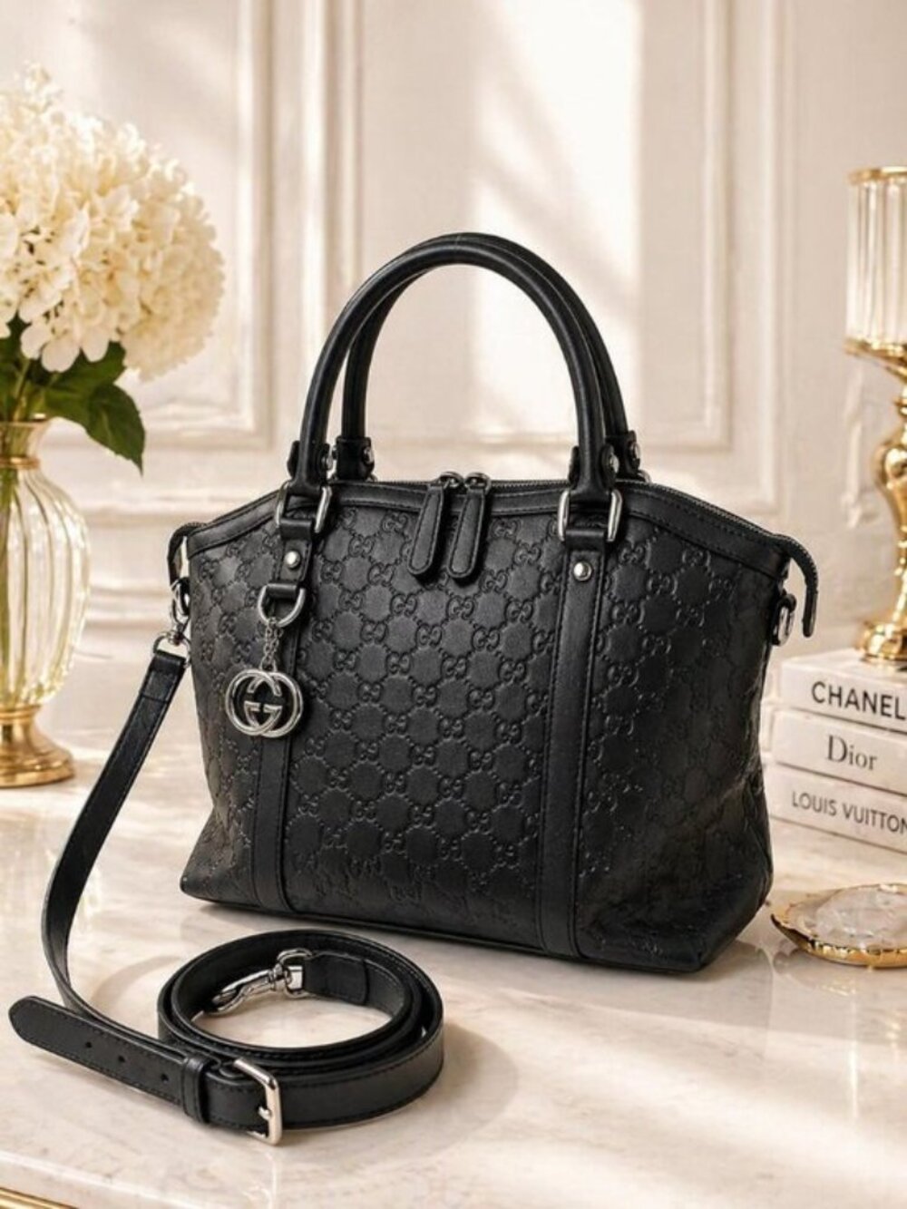 Authentic Gucci Guccissima Leather Boston Bag Black GG Embossed Satchel Luxury